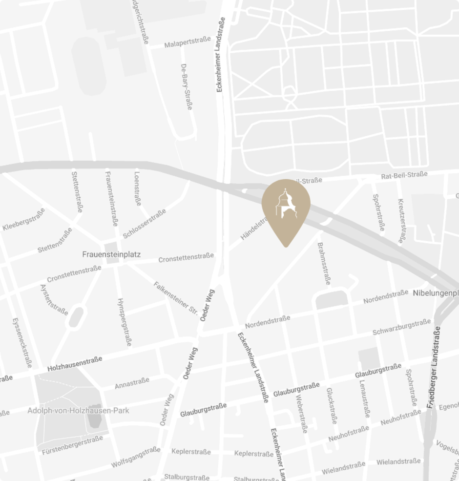 Eine stilisierte Karte zeigt einen Stadtbereich mit Straßen und Plätzen. Ein markierter Standort mit einer braunen Stecknadel hebt sich hervor.